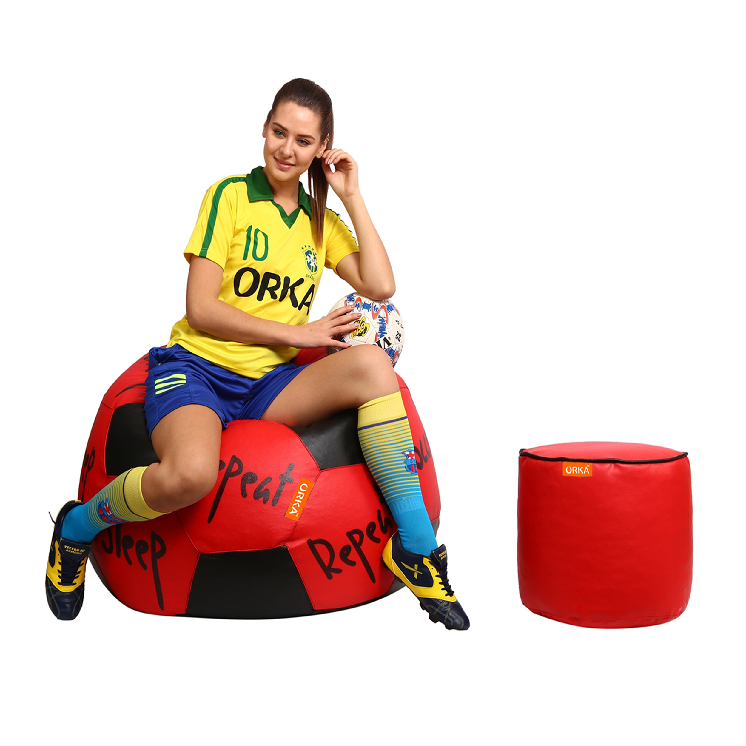 Orka Digital Printed XXL Foorball With Mathching Footstool Filled Bean Bag With Beans (FB14 Red,Black) view 4